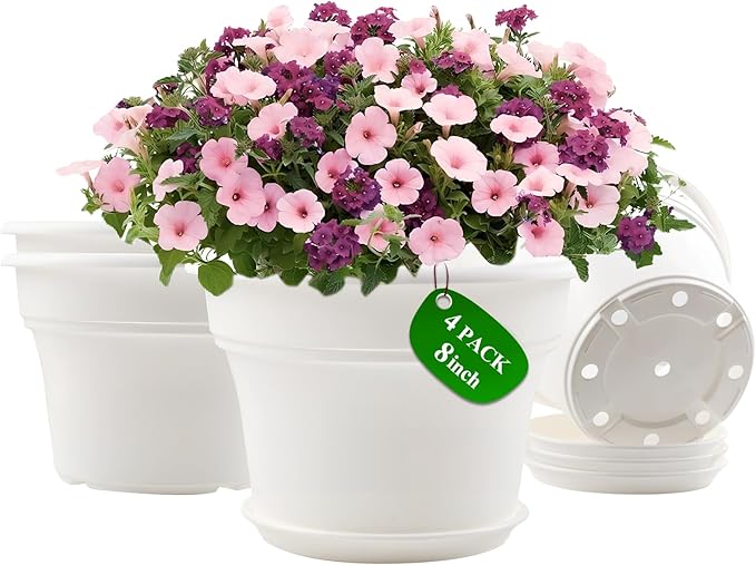 8 Inch Plastic-Flower Pot-for-Indoor Plants, 4 Pack Large Outdoor Planter Pot with Drainage Holes & Saucers, Resin Decorative Garden Pots Planters