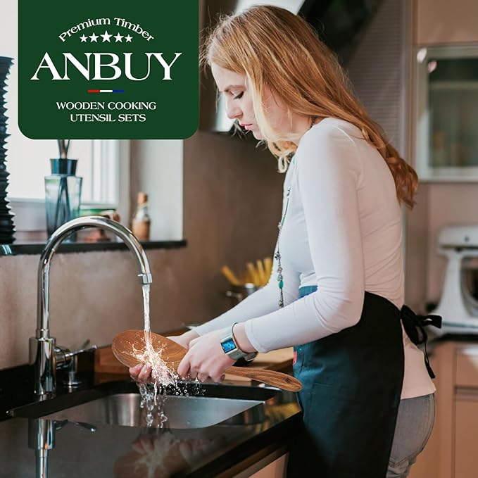 ANBUY Teak Wood Kitchen Utensils Set, Heat Resistant Wooden Spoons for Cooking, 10 Pcs Cooking Utensils Set Wooden, Wood Utensils Set for Cooking Food