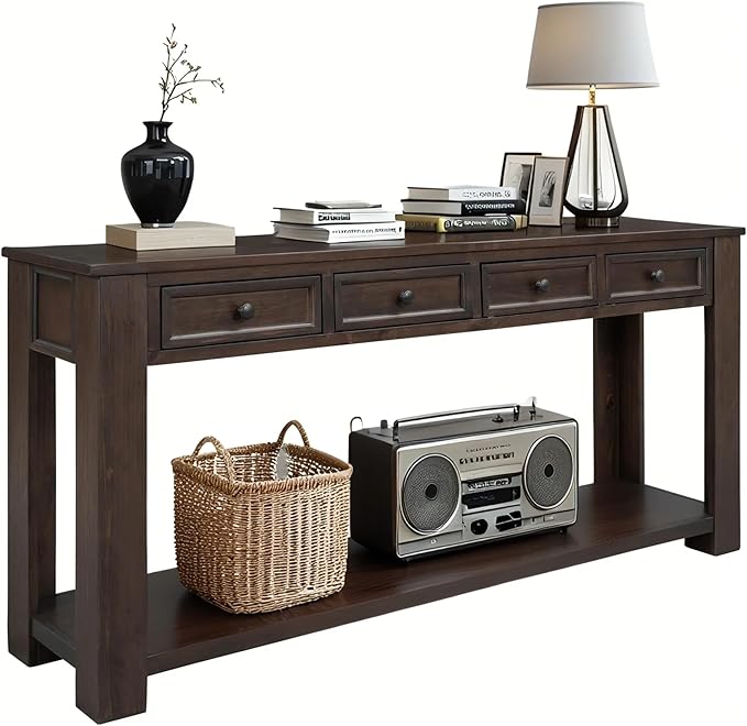 63" Solid Wood Console Table Sofa Table with Storage Drawers and Bottom Shelf,Farmhouse Entryway Table for Hallway Foyer,Sofa Couch Table,Fully Assembled (63" Espresso)