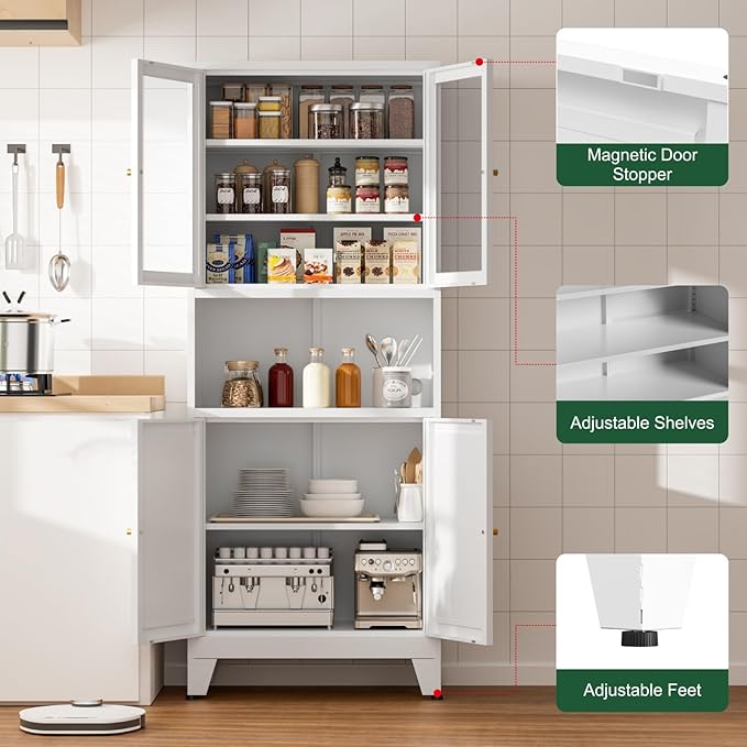 69" Tall Pantry Cabinet, Kitchen Storage Cabinet with 2 Glass Doors and Adjustbale Shelves, Freestanding Metal Cupboards for Dining Room, Living Room, Bathroom