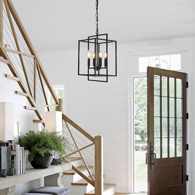 4-Light Vintage Black Chandelier, Foyer Lighting Fixtures Farmhouse Chandeliers for Dining Room, Modern Industrial Lantern Pendant Light for Kitchen Island Entryway Stairway