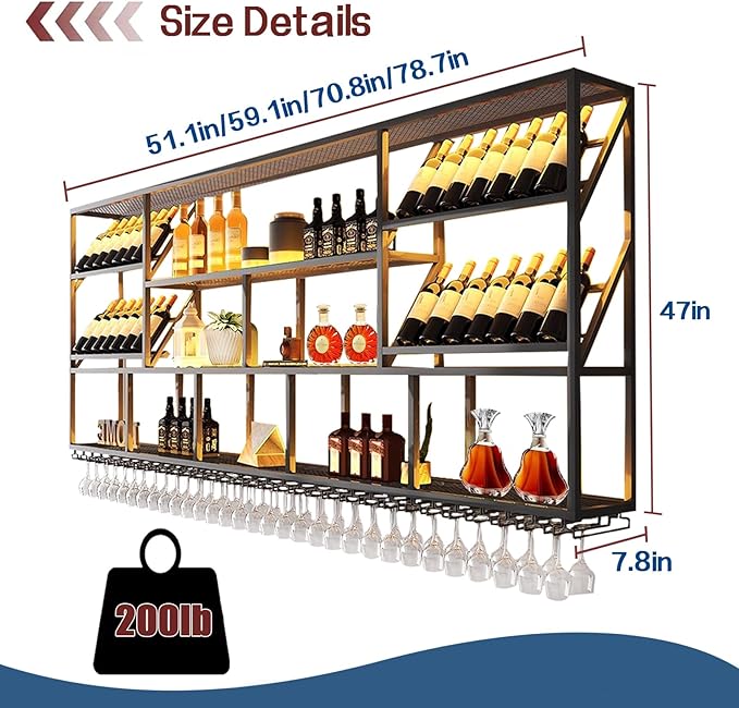 59Inch Wall Mounted Wine Rack, 3 Tiers Large Bar Shelves with 14 Glass Holder, Metal Wine Bottle Display Shelf, Modern Iron Liquor Shelf, for Kitchen Dining, Home Bar, Cellar (59.1" W)