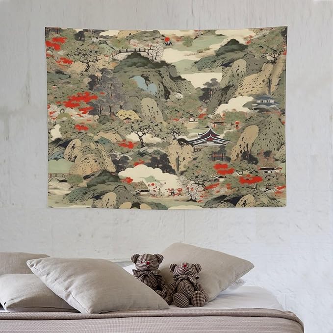Asian Tapestry, Japanese Red Landscape, Bedroom & Living Room Decor, 40"x30"