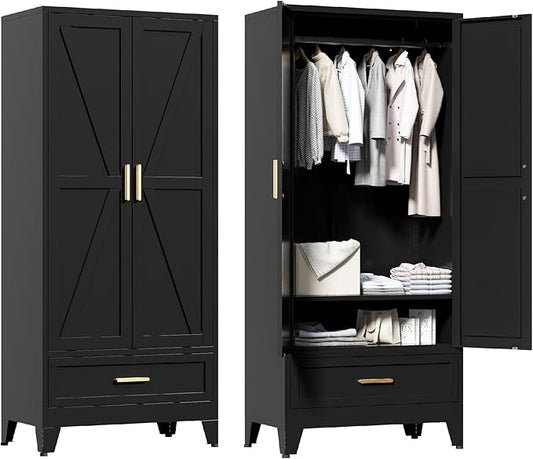 71'' Black Farmhouse Metal Wardrobe Cabinet with Hanging Rod, 2 Barn Door Wardrobe Closet with Adjustable Shelves,Drawer,for Dining Room,Bedroom,Living Room, Cloak Room,Office
