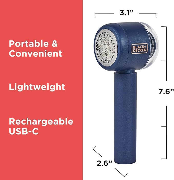 BLACK+DECKER Rechargeable USB-C Fabric & Garment Shaver – Large Capacity Lint Remover for Clothing and Upholstery, 6 Stainless Steel Blades