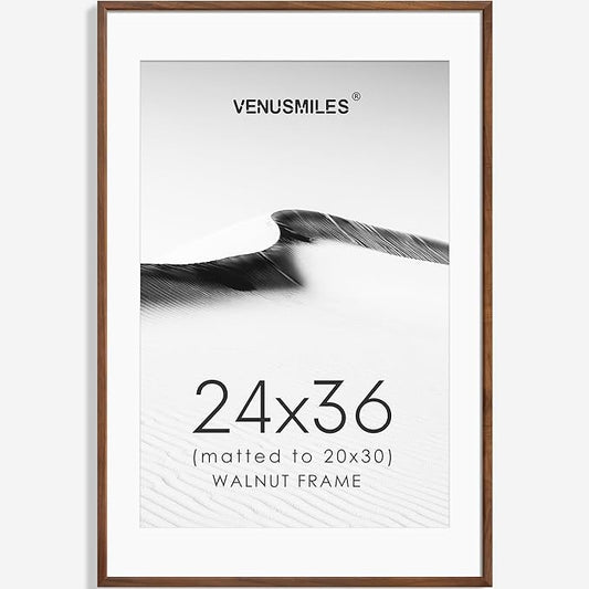 24x36 Poster Frame Natural Solid Walnut Photo Frames with 20x30 Removable Mat Wall Hanging Large Handcrafted Frame with HD Plexiglass Wall and Tabletop Display Large Picture Frame