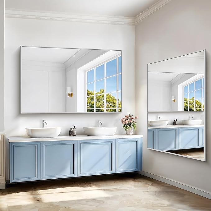 40x60inch Silver Bathroom Mirror, Silver Rectangle Mirror with Frame, Large Rectangular Wall Mirrors for Bathroom, Living Room, Hair Salon, Big Farmhouse Mirror Hang Horizontal/Vertical