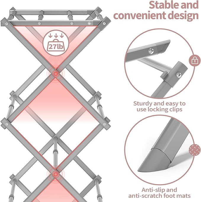 APEXCHASER Clothes Drying Rack, 3-Tier Laundry Drying Rack for Clothes, Expandable Metal Clothing Dryer, Collapsible Towel Rack, Air Drying Rack, Grey