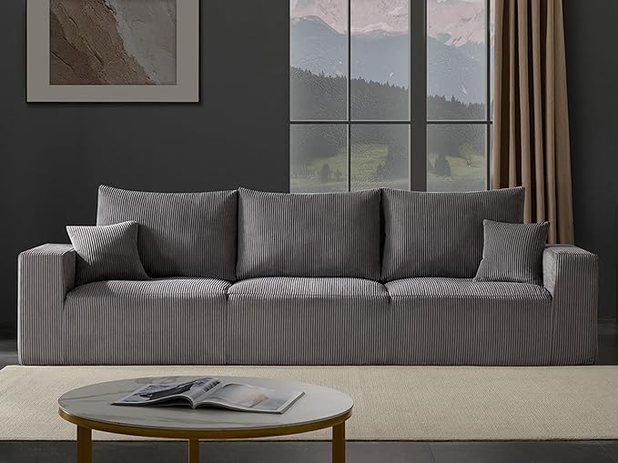 Boneless Cloud Couch Sofa for Living Room, 112" 3 Seater Grey Modern Lounge Sleeper Couch, No Assemble, Cordury Compression Upholstered Couches