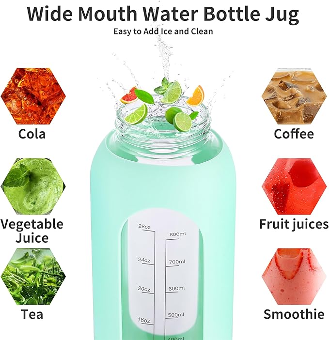 32 oz Glass Water Bottle with Straw and Handle, Sports Motivational Water Flask with Silicone Sleeve, Large Leakproof Water Flask Cup with Time Marker for Travel, Gym, Army Green