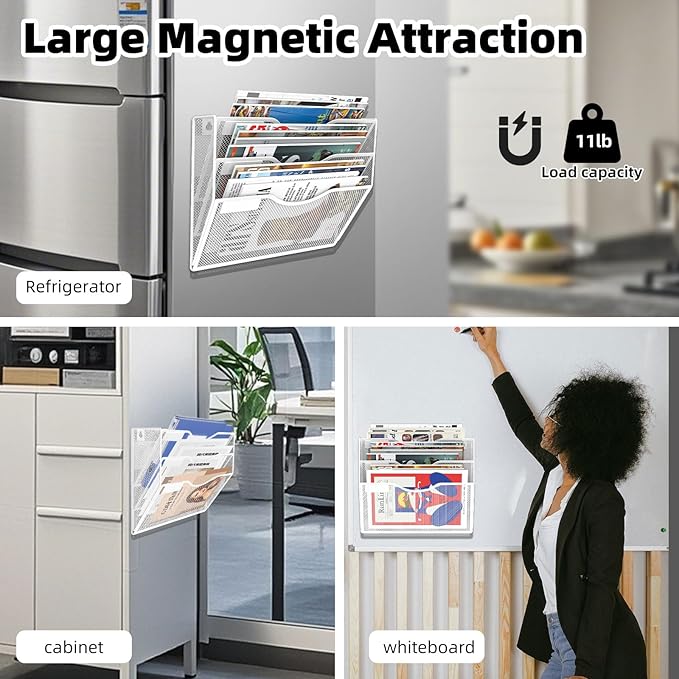 3-Tier Magnetic File Holder, No Drilling Installation File Cabinet Organizer, White Magnetic File Organizer, Magazine Rack, Magnetic Paper Holder for Refrigerator, File Cabinets,White