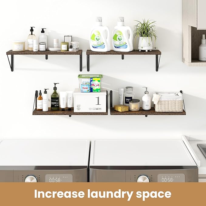 Heimlove 24 Inches Rustic Brown Floating Shelves,8 Inches Deep Wall Bookshelf Mounted Display&Storage Wood Wall Shelves for Kitchen Bathroom Laundry Living Room,Set of 3