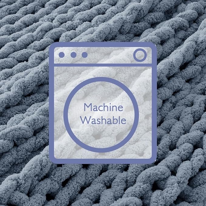 Bigacogo Chunky Knit Throw Blanket for Couch, 51x63 inches, 100% Hand Knitted with Thick Jumbo Chenille Yarn, Cozy Soft Large Rope Knot Cable Crochet Blankets for Sofa Bed Living Room, Cold Sea Blue