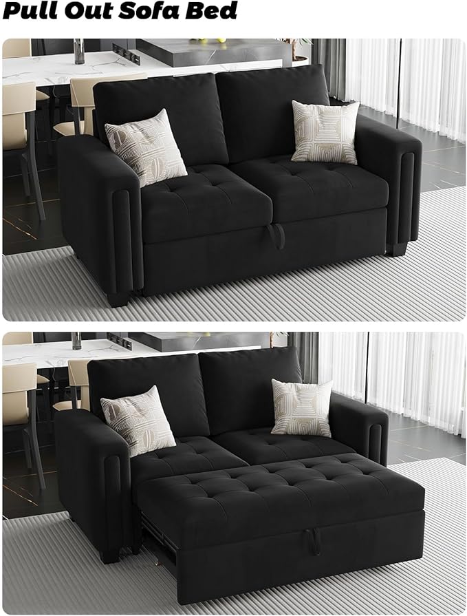 Belffin Modular Sectional Sleeper Sofa with Pull Out Couch Bed Modular Sleeper Loveseat Sectional Sofa Velvet Fabric for Living Room Apartment Black
