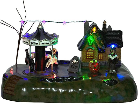Animated Halloween Carousel Village House, LED Spooky Festival Display Collection Battery Operate, Indoor Use only
