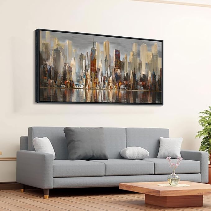 Abstract Brown New York City canvas Wall Art Framed Large Wall Art for Living Room Modern Paintings for Bedroom Cityscape New York Wall Decor Artwork Wall Pictures for Office and Bedroom 24×48in