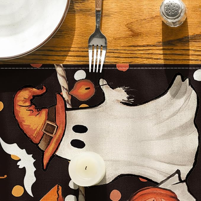 Artoid Mode Ghost Jack-O'-Lantern Black Cat Halloween Table Runner,Holiday Kitchen Dining Table Decoration for Home Party Decor 13 x 90 Inch