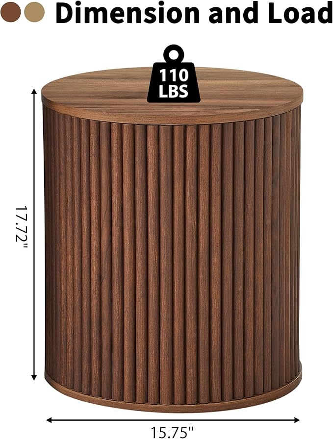 AVZEAR Small Round Side Table Fluted Night Stand Set of 2, Mid Century Modern End Table with Storage, Circle Bedside Tables Wood Nightstands for Small Spaces, Living Room, Bedroom (Walnut)
