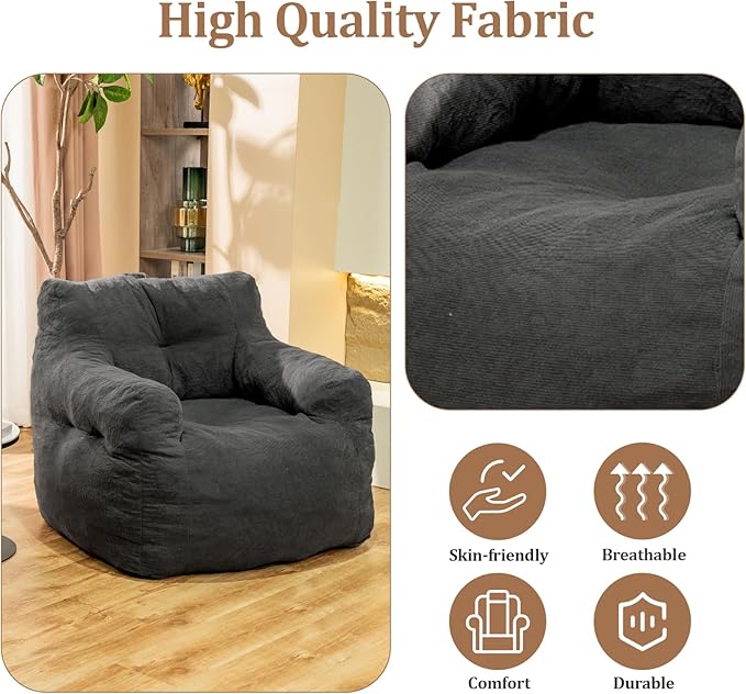Bean Bag Chair, Bean Bag Chair for Adults, Fluffy and Comfy Bean Bag with Filler, Bean Bag Sofa Chair for Reading, Gaming, Stuffed High-Density Foam, Grey