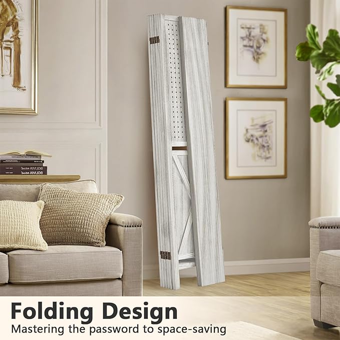 6 Panel Pegboard Display with 24 Hooks, Wooden Pegboard Room Divider Wall with Shelf, Rustic Room Dividers and Folding Privacy Screens, Bedroom, Jewelry Store, White