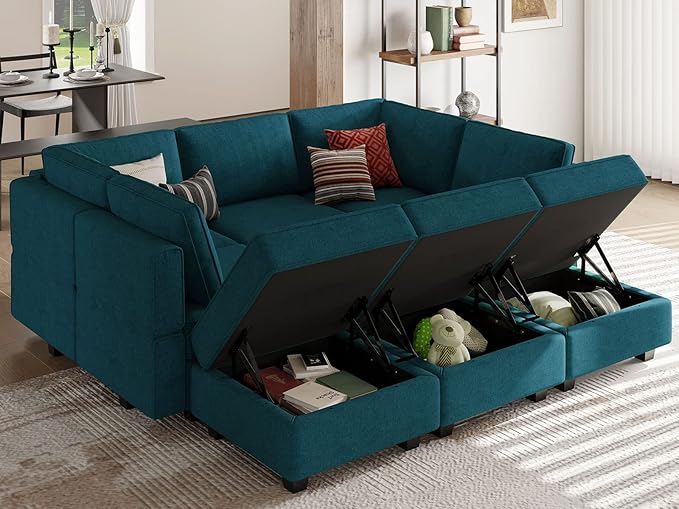 Belffin Modular Sectional Sleeper Sofa Couch with Storage Ottoman Convertible Sectional Couches for Living Room Terry Reversible Chaise. Peacock Blue Sofa