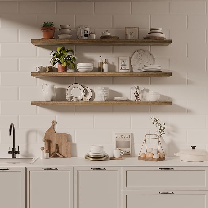 48 Inch Floating Shelves, 8 Inch Deep Floating Shelves for Wall, Hanging Shelf with Invisible Brackets, Wall Mounted Display Shelves for Bathroom, Bedroom, Living Room,3 Tier