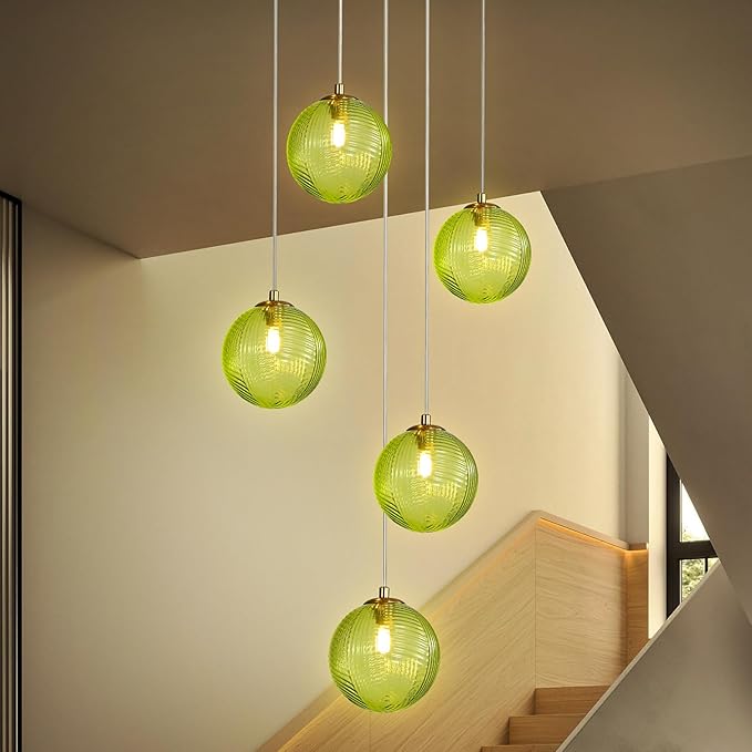 5-Light Chandelier, Globe Green Glass Flush Mount Pendant Light,15W Ceiling Hanging Light for Staircase Foyer Entryway Living Room Hotel Kitchen Island（3000K,G9 Bulbs Include）