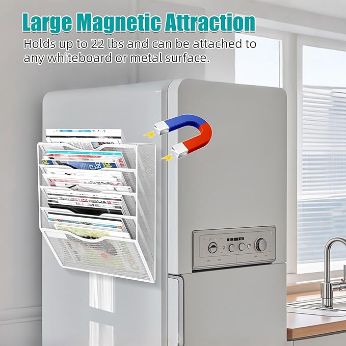 5-Tier Magnetic File Organizer, No Drilling Installation, White Magnetic Paper Holder, Magazine Rack for Refrigerator and File Cabinets
