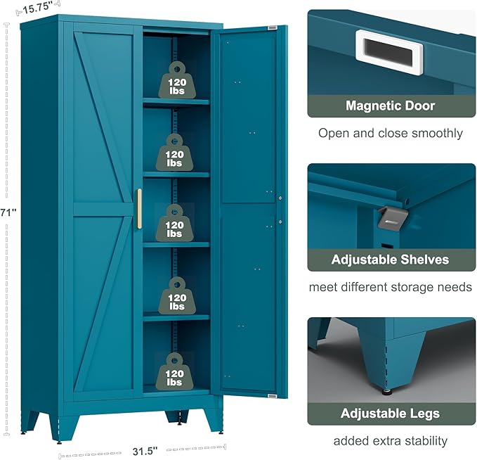 71'' Farmhouse Metal Storage Cabinet with Barn Doors,Steel File Cabinet for Home Office,Kitchen Pantry 4 Adjustable Shelves,Freestanding Cupboard for Kitchen,Home Office (Peacock Blue)