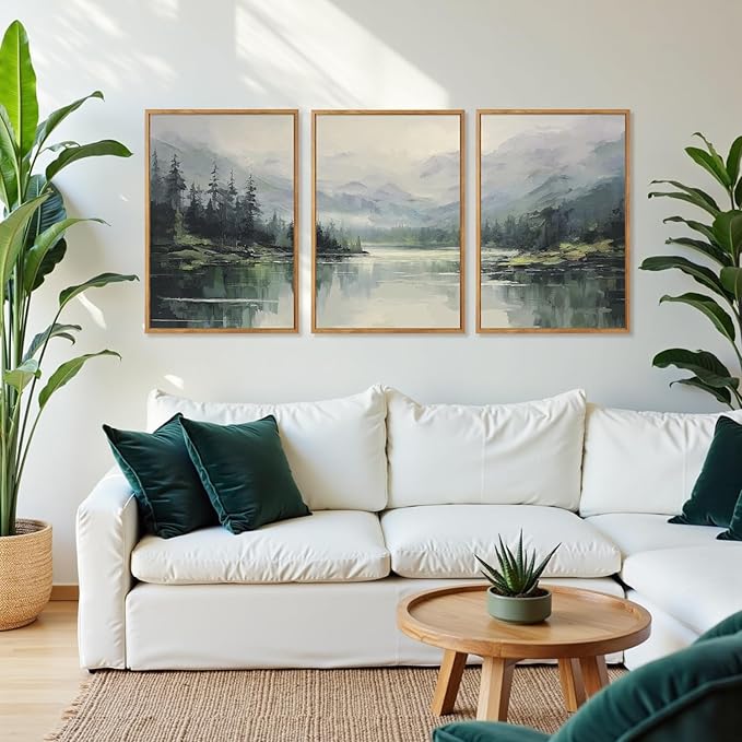 Aurlan Emerald Green Mountain Lake Landscape Framed Wall Art(16"x24"), 3PCS Abstract Forest Nature Canvas Artwork, Large Minimalist Watercolor Modern Pine Trees Scenery Decor for Office Home