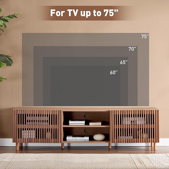 Bonzy Home 70" Mid Century Modern TV Stand, TV Console for TV up to 75", Slatted Entertainment Center with Storage and Open Shelves for Living Room, Bedroom, and Media Room
