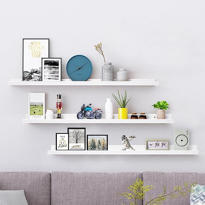 AZSKY 48 Inch White Large Picture Ledges Wood Photo Display Shelf Long Shallow Picture Shelf for Pictures with Lip Wall Mounted Set of 3 for Living Room Bedroom Bathroom Kitchen Same Sizes