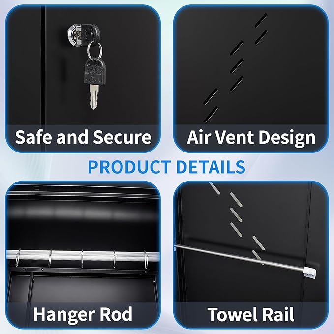 71'' Metal Storage Cabinet with Doors, Multifunctional Bathroom/Garage Lockable Steel Cabinet, Broom Closet Storage with Hanging Rod (Style-1)