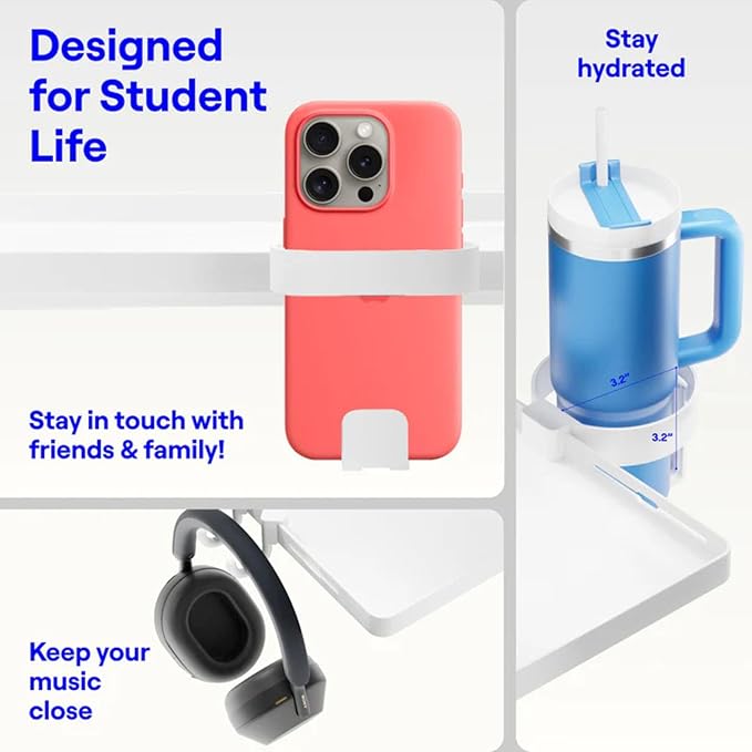 BedShelfie Bedside Shelf for Dorm Room Bunk Bed & Top Bunk, College Dorm Room Essentials, Bedside Caddy, Clip on Floating Tray, Bed Side Table Storage, Loft Nightstand Decor - Dorm Essential, White