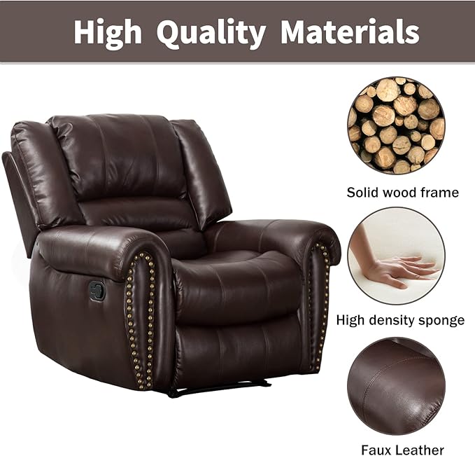 CANMOV Leather Recliner Chair, Classic and Traditional Manual Recliner Chair with Comfortable Arms and Back Single Sofa for Living Room, Brown