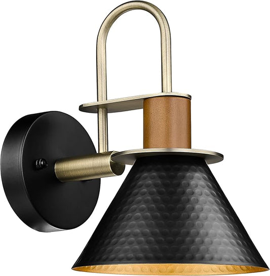 Black and Gold Wall Sconces, HWH Industrial Sconces Wall Lighting Indoor Vanity Barn Light Fixture, Gooseneck Wall Lamp for Bathroom Bedside Bedroom Kitchen, Hammered Metal Shade, 5HZG74B-L BK+BG