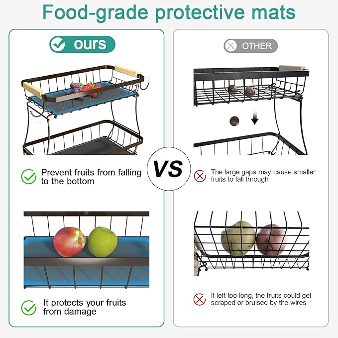 2 Tier Fruit Basket for Kitchen Counter with 2 Banana Hangers, 2025 Pro Detachable Metal Fruit Bowl with Wooden Handle,Fruit Holder for Bread Snack Veggies, Brown