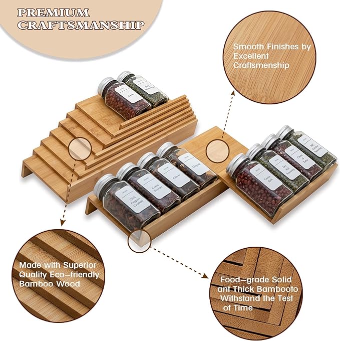 Bamboo Spice Rack Drawer Organizer - 8 Piece Set - 12" Wide, Combine Into 24" Rack (12" or 24")