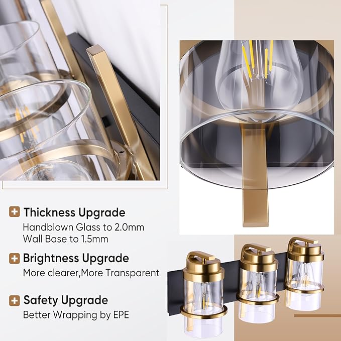 Black Gold Vanity Lights,3 Lights Bathroom Light Fixtures,Gold Finish Industrial Modern Wall Sconces 3 Lights,Bathroom Wall Lights(Bulbs not Included)