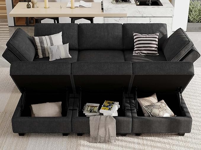 Belffin Terry Fabric Modular Sectional Sleeper Sofa Bed with Storage Convertible Sectional Couches for Living Room 6 Seaters Black Modular Sofa