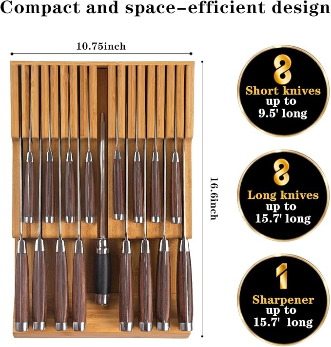 Bamboo Kitchen Drawer Knife Holder, In-drawer Knife Block, Knife Drawer Organizer fit for 16 knives and 1 steel sharpening