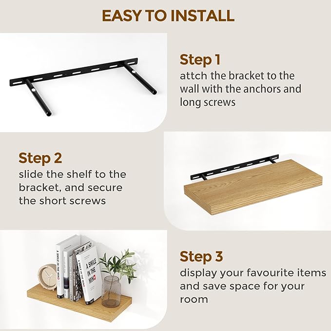 24 x 9 Floating Shelves, 9 Inch Deep Floating Shelf Wall Mounted, 24 Inch Bathroom Shelves Set of 2, Rustic Wood Wall Shelf for Bedroom, Living Room, Oak Color