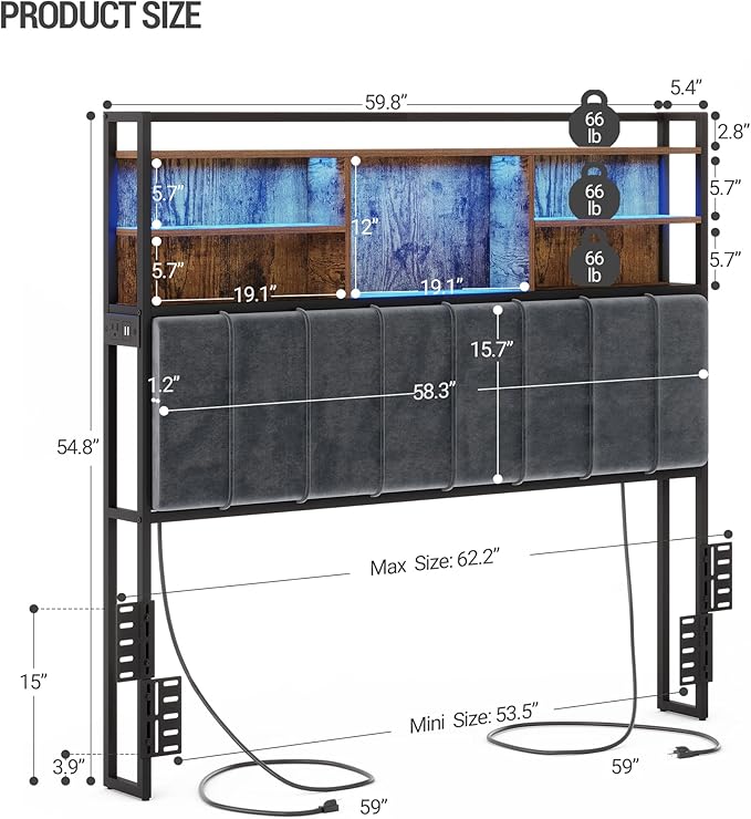 Headboard with 3-Tier Storage Shelves, Velvet Upholstered Head Board with 2 Outlets, USB Ports & LED Light, Soft Backrest for Queen Size Bed, Rustic Brown and Black BH15201BV1