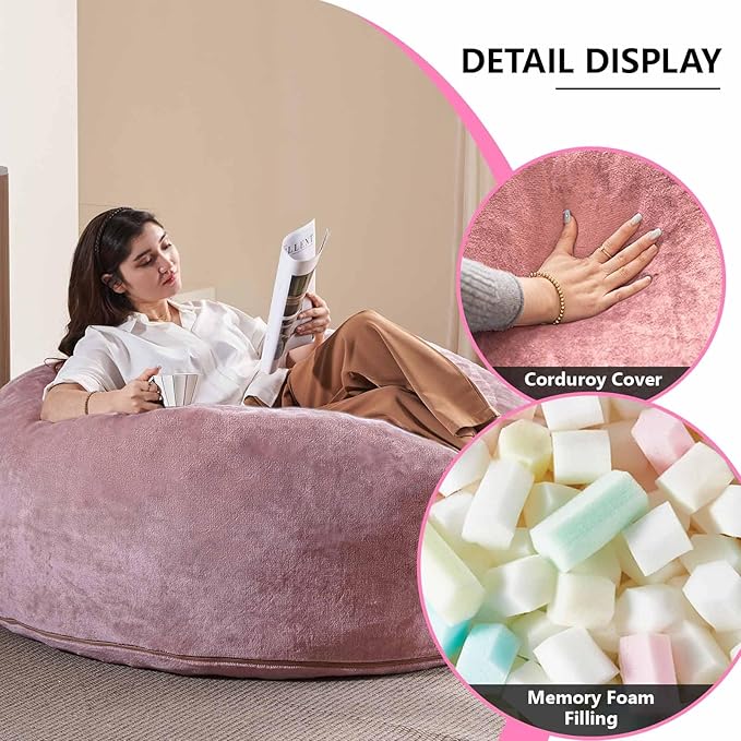 5FT，Big Bean Bag Chairs for Adults，Large beanbag with Filler Included，Memory Foam Material，Easy to Clean and Washable Corduroy Fabric，Suitable for Living Room and Bedroom (Pink, 5 Foot)