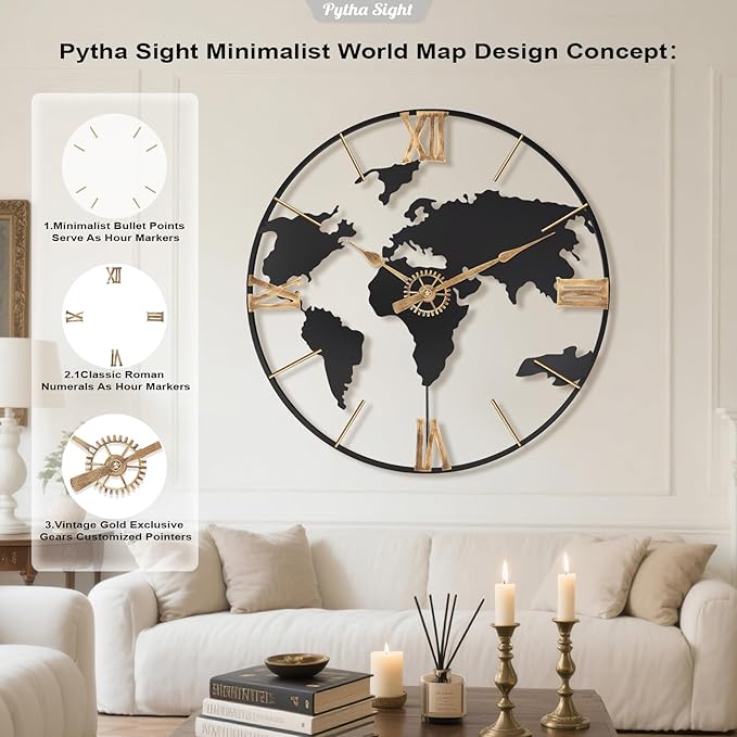 30 Inch Large Modern Decorative Metal World Map Wall Clocks Giant Extra Vintage Gold Roman Numeral Oversized Wall Clock for Living Room,Office,Dining Room,Entryway,Fireplace