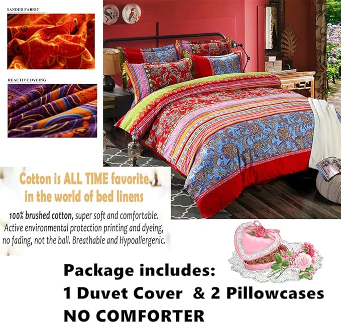 ABREEZE Bohemian Vintage Queen Size Floral Cotton Bedding Set 3Pcs Duvet Cover Set Boho Green Paisley 100% Egyptian Brushed Cotton Reversible Home Bedding Collection