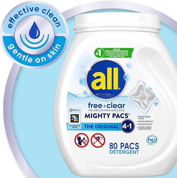all Free Clear Mighty Pacs Laundry Detergent, for Sensitive Skin, Unscented and Dye Free, 80 Count
