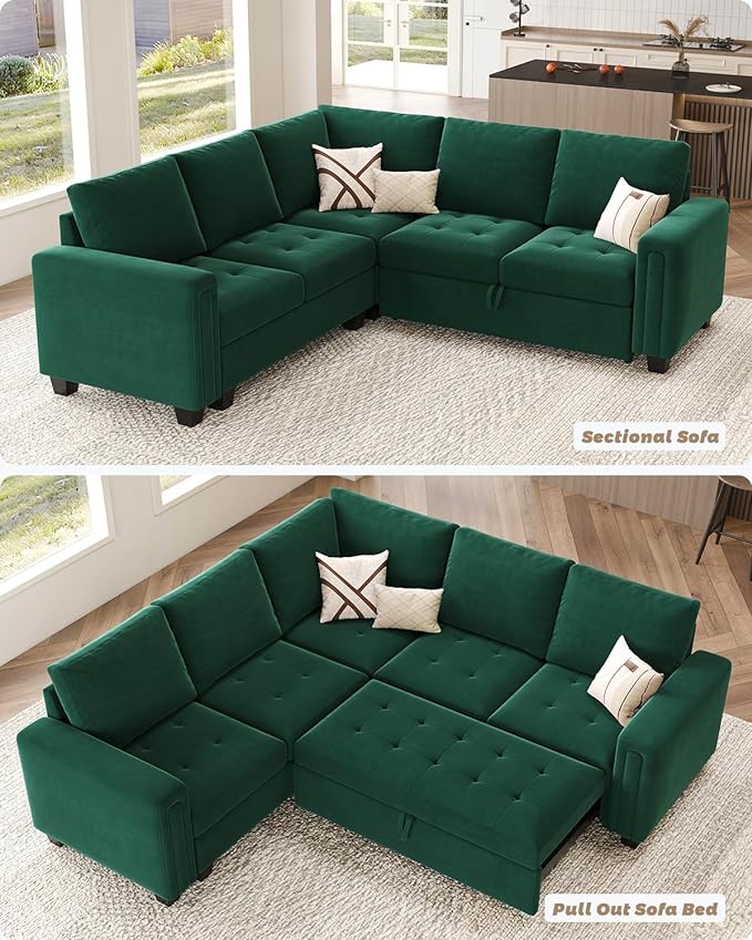 Belffin Modular Sectional Sleeper Sofa with Pull Out Couch Bed Velvet Convertible L Shaped Sectional Couch for Living Room Apartment Green