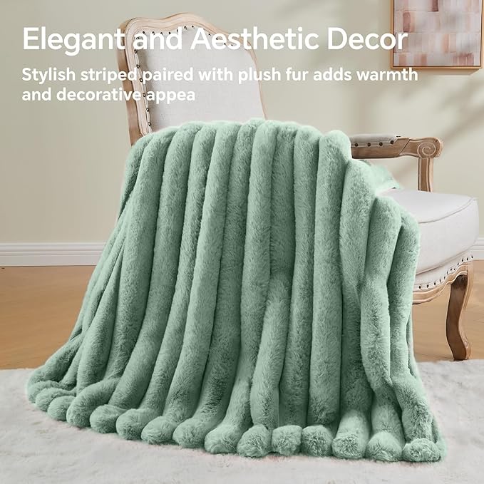 BEDELITE Faux Rabbit Fur Blanket, Luxurious 3D Striped Spring Blanket for Decor & Gift, Soft and Warm Plush Fluffy Faux Fur Throw Blanket All Seasons Suitable, (Sage Green, 60"x 80")