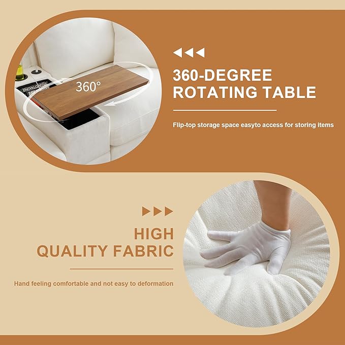 120.3" Modern L-Shaped Sectional Sofa with 360°Swivel Drop-Down Table, Storage Armrest, USB Ports & Movable Storage Ottoman – Plush Linen Cloud Couch for Lounge (Beige)